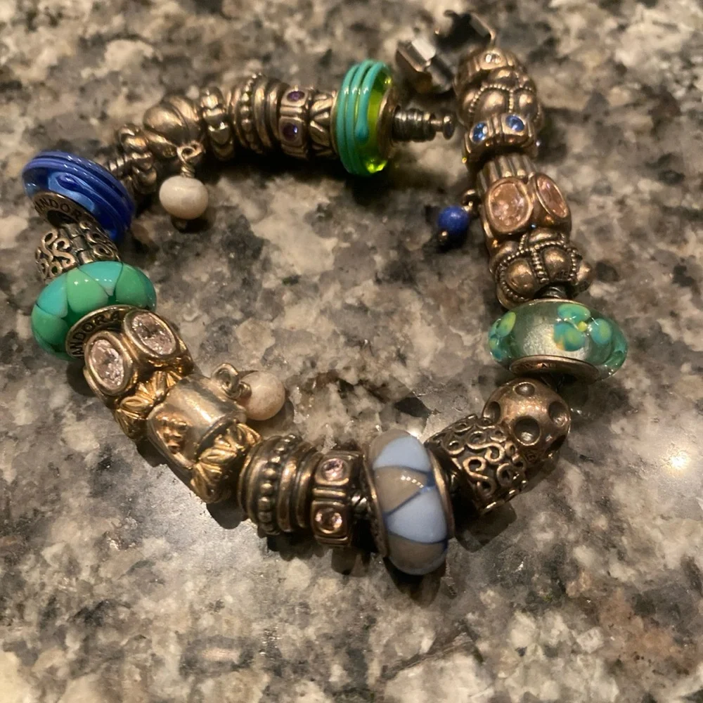 Pandora Moments Silver Bracelet with Blue green murano glass Charms - Picture 10 of 11